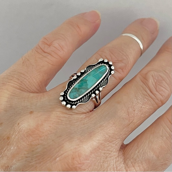 Sterling Silver Long Oval Genuine Turquoise Ring, Boho Ring, Silver Rings - Picture 5 of 12